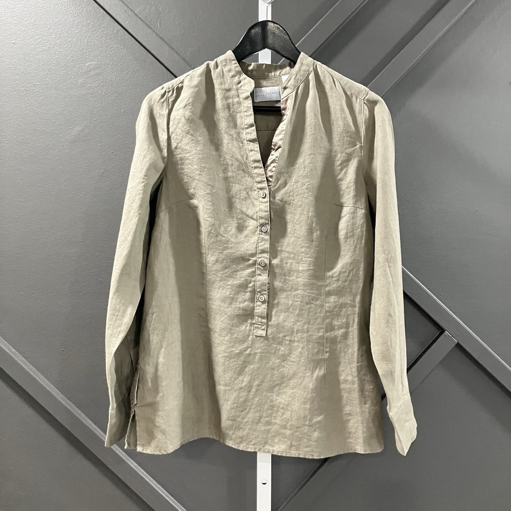Laura Clement Collection 100% Linen Beige Popover Blouse Mandarin Collar Sz S